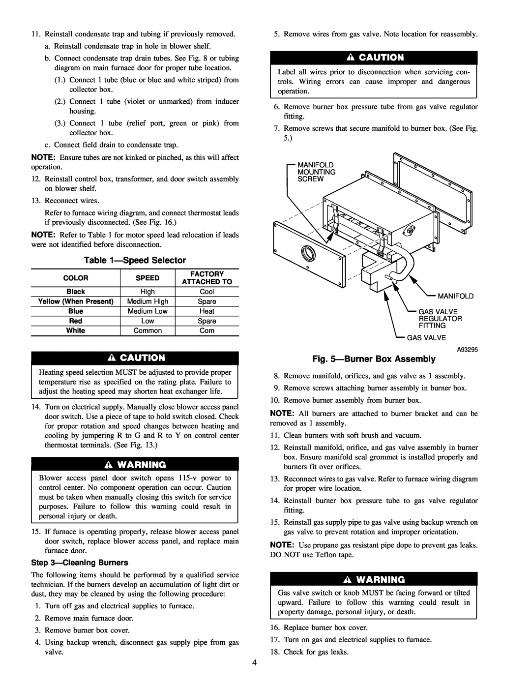 Carrier 58MCA instruction manual ÐSpeed Selector, ÐBurner Box Assembly, ÐCleaning Burners 