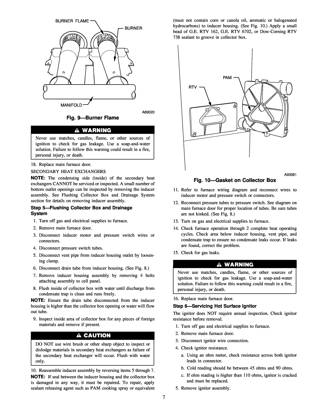Carrier 58MCA instruction manual ÐBurner Flame, ÐGasket on Collector Box, ÐFlushing Collector Box and Drainage System 