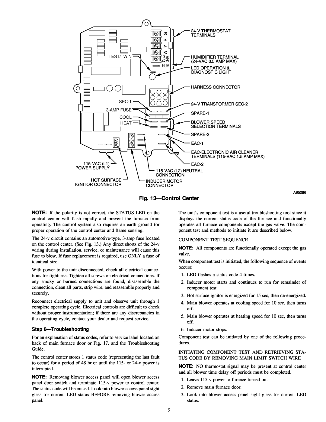 Carrier 58MCA instruction manual ÐControl Center, ÐTroubleshooting 