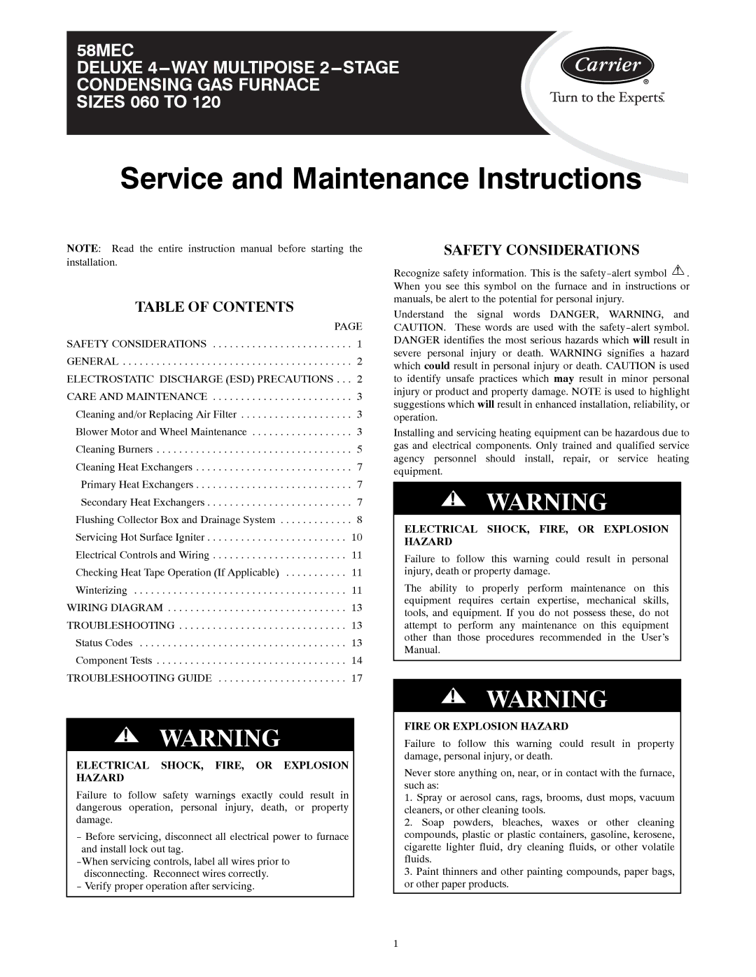 Carrier 58MEC instruction manual Table of Contents, Safety Considerations 