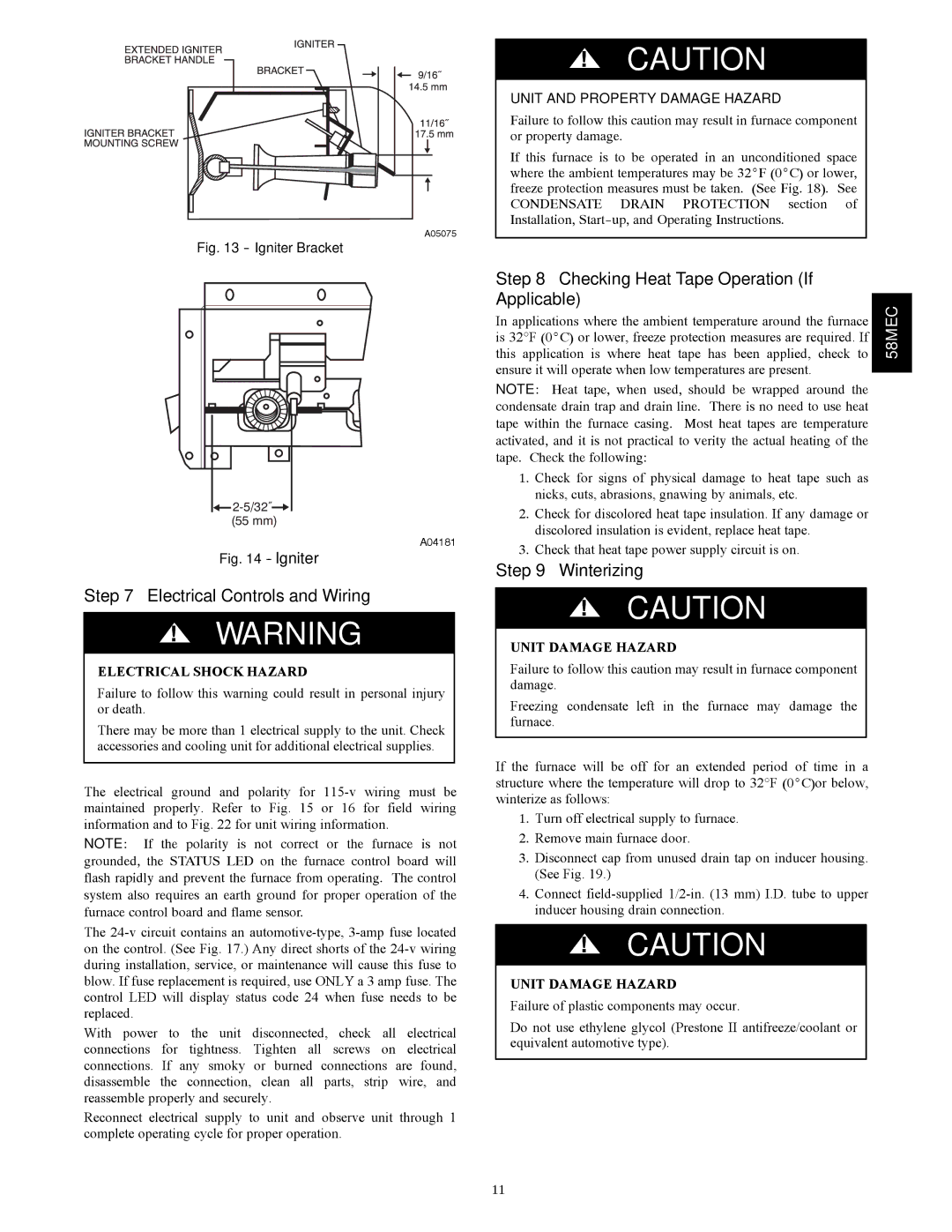 Carrier 58MEC instruction manual Electrical Controls and Wiring, Checking Heat Tape Operation If Applicable, Winterizing 