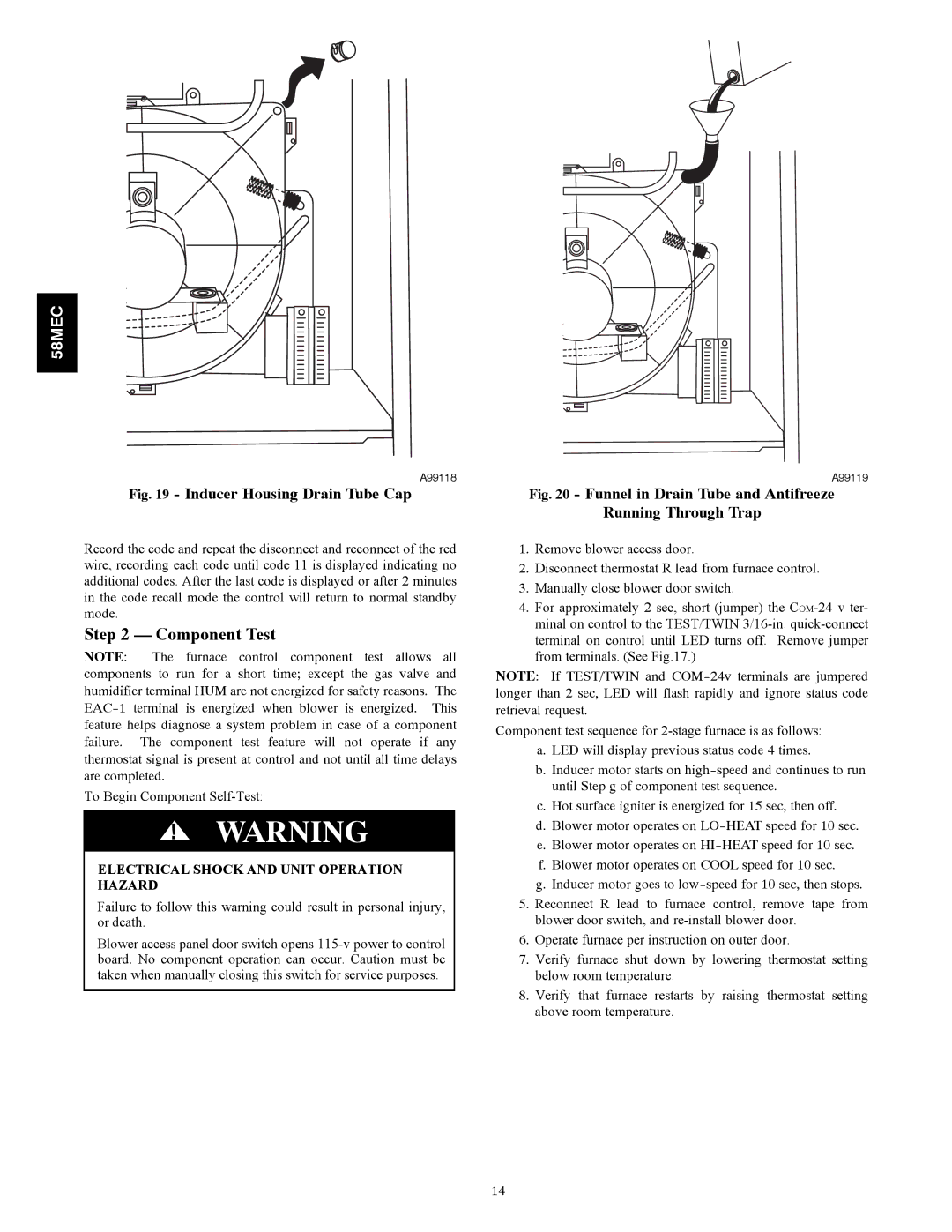 Carrier 58MEC instruction manual Component Test, Electrical Shock and Unit Operation Hazard 