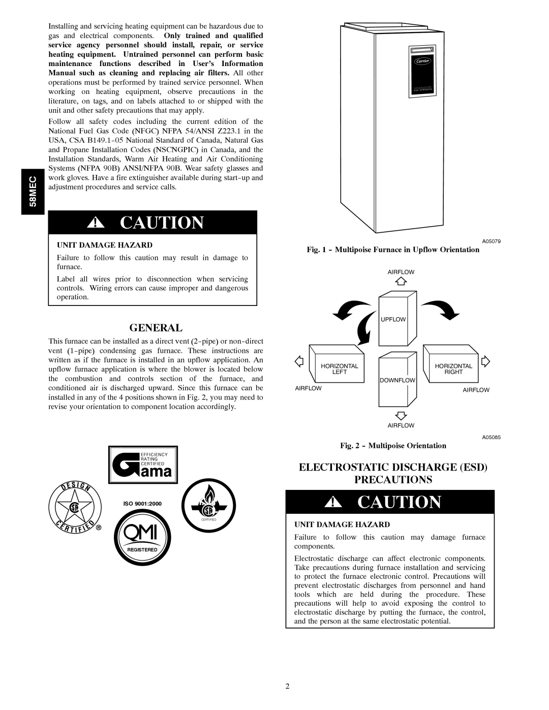 Carrier 58MEC instruction manual General, Electrostatic Discharge ESD Precautions, Unit Damage Hazard 