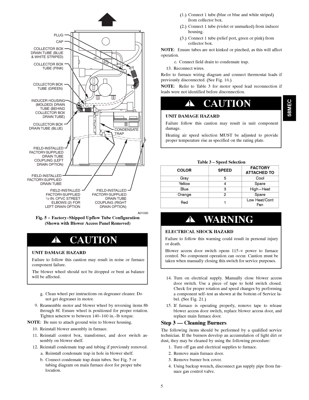 Carrier 58MEC instruction manual Cleaning Burners, Electrical Shock Hazard 