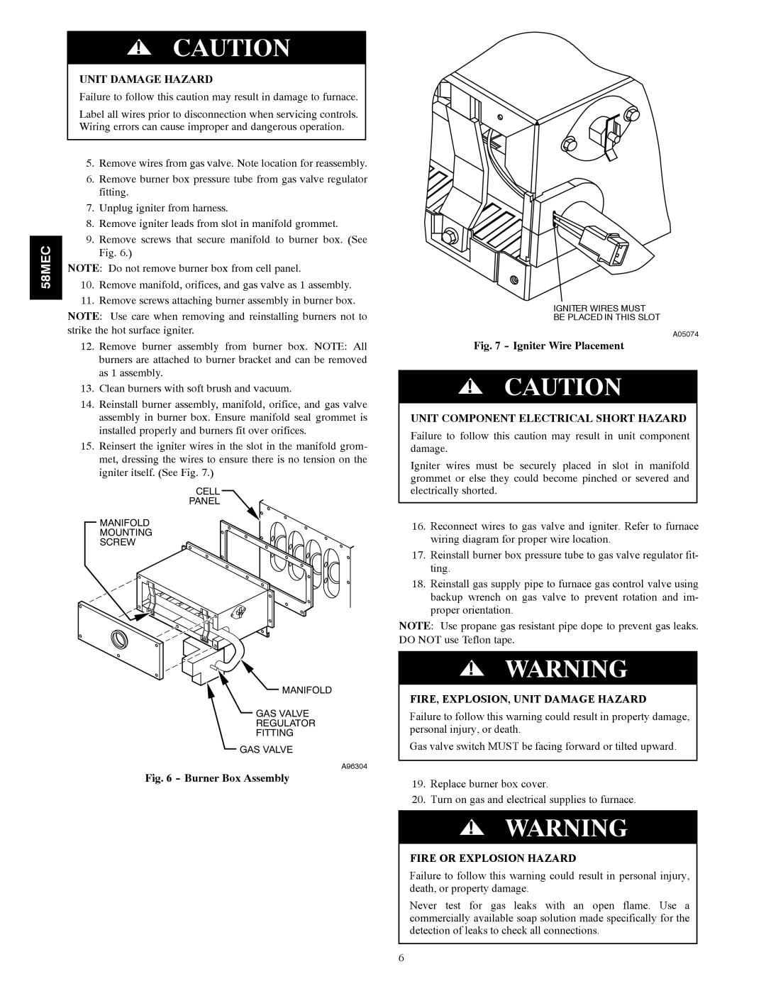 Carrier 58MEC instruction manual Unit Component Electrical Short Hazard, FIRE, EXPLOSION, Unit Damage Hazard 