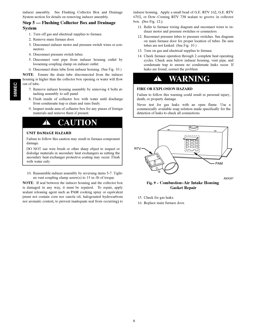 Carrier 58MEC instruction manual Flushing Collector Box and Drainage System, Combustion-Air Intake Housing Gasket Repair 