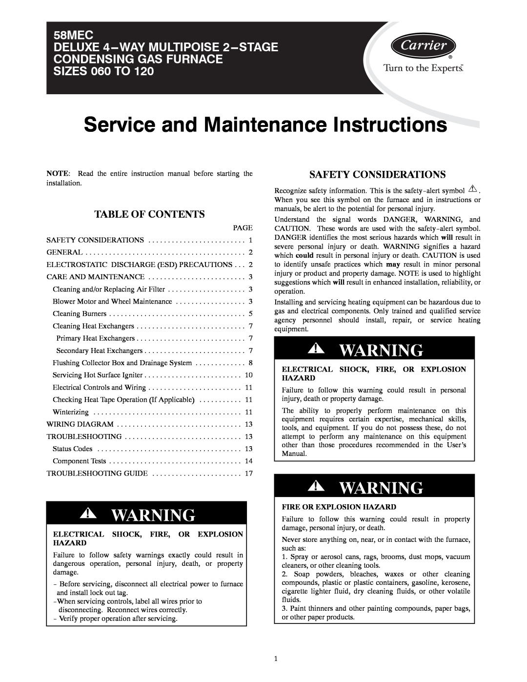 Carrier 58MEC instruction manual Table Of Contents, Safety Considerations, Electrical Shock, Fire, Or Explosion Hazard 