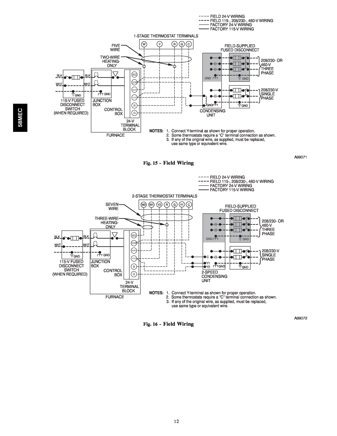 Carrier 58MEC instruction manual Field Wiring, A99071, A99072 