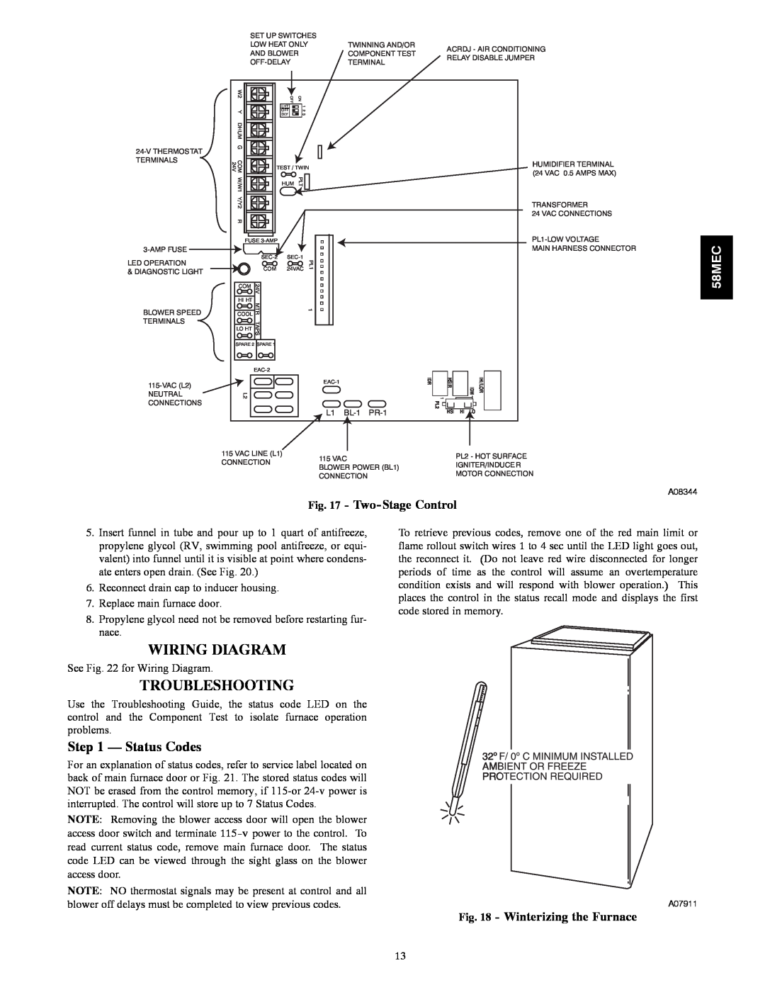 Carrier 58MEC instruction manual Wiring Diagram, Troubleshooting, Status Codes, Two-Stage Control, Winterizing the Furnace 