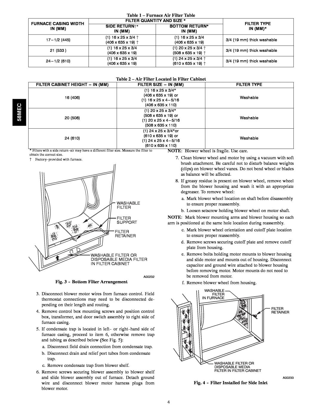 Carrier 58MEC instruction manual Furnace Air Filter Table, Air Filter Located in Filter Cabinet, Bottom Filter Arrangement 