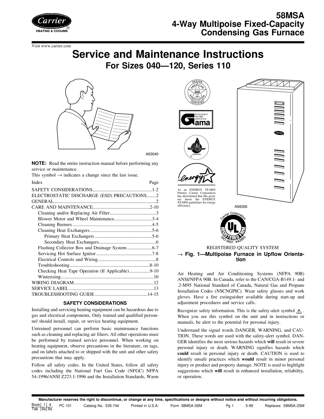 Carrier 58MSA instruction manual Service and Maintenance Instructions, → ÐMultipoise Furnace in Upflow Orienta- tion 