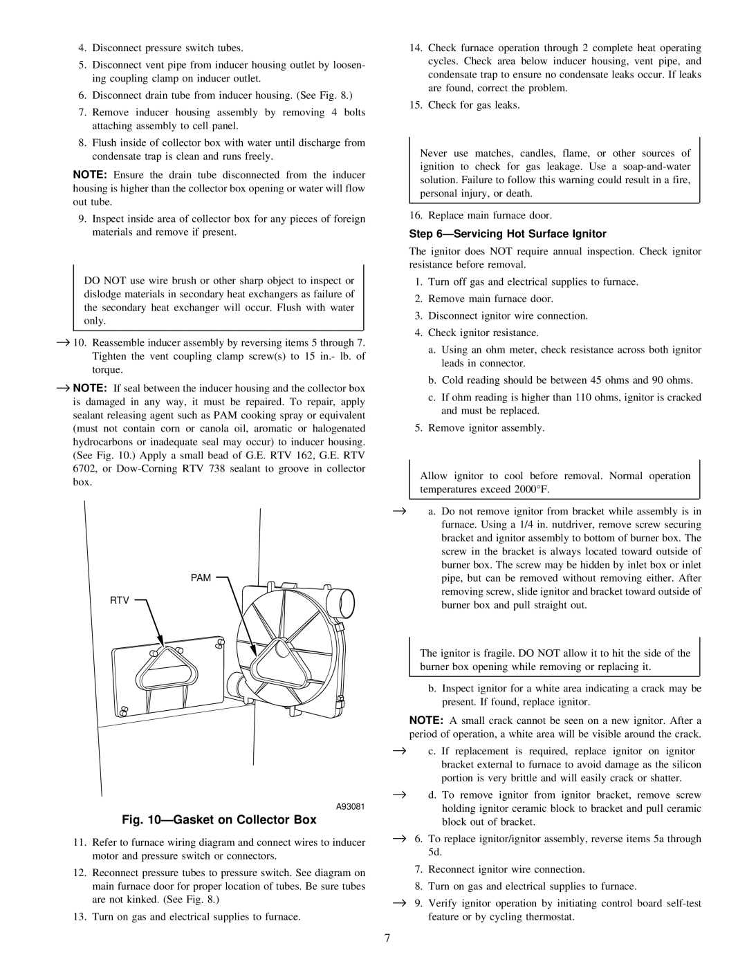 Carrier 58MSA instruction manual ÐGasket on Collector Box, ÐServicing Hot Surface Ignitor 