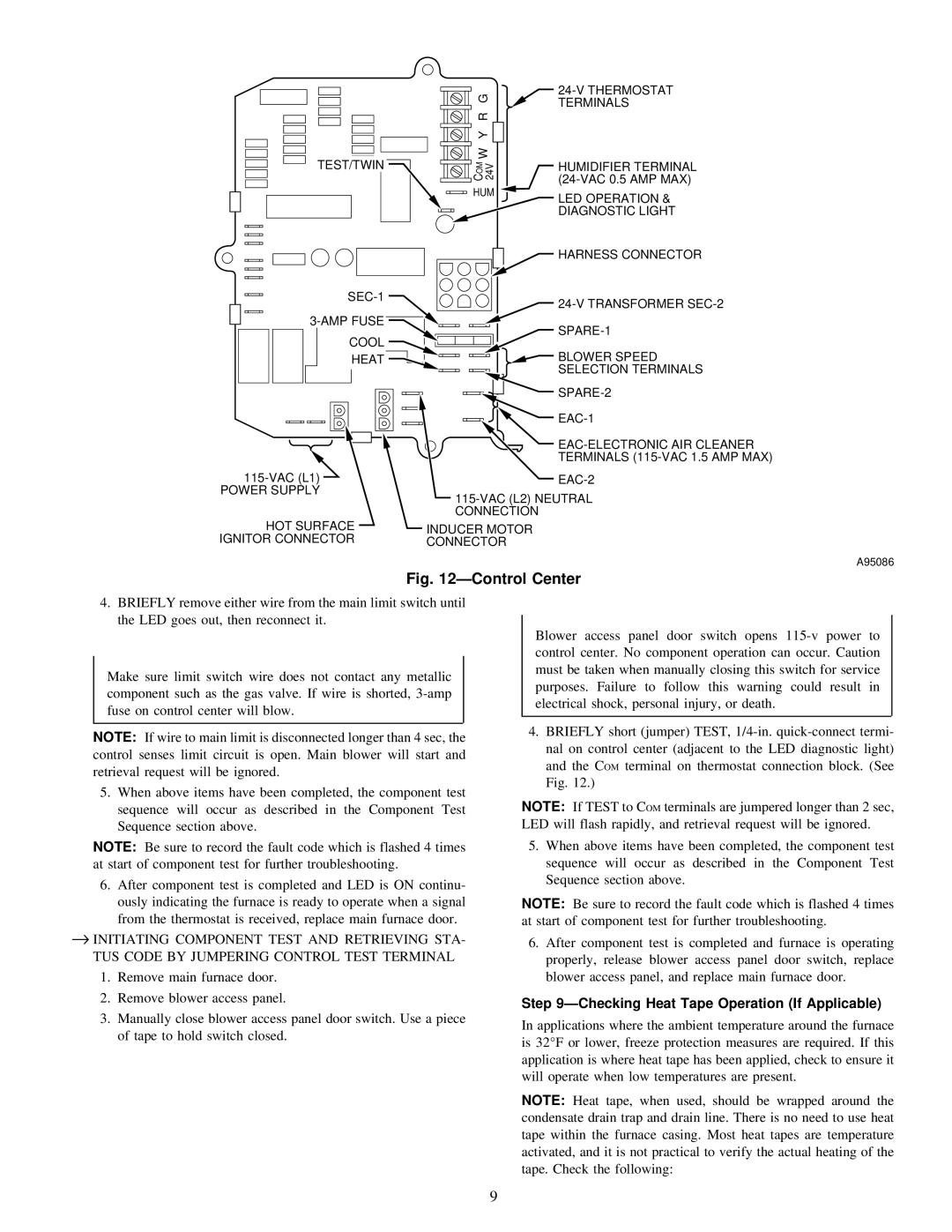 Carrier 58MSA instruction manual ÐControl Center, ÐChecking Heat Tape Operation If Applicable 