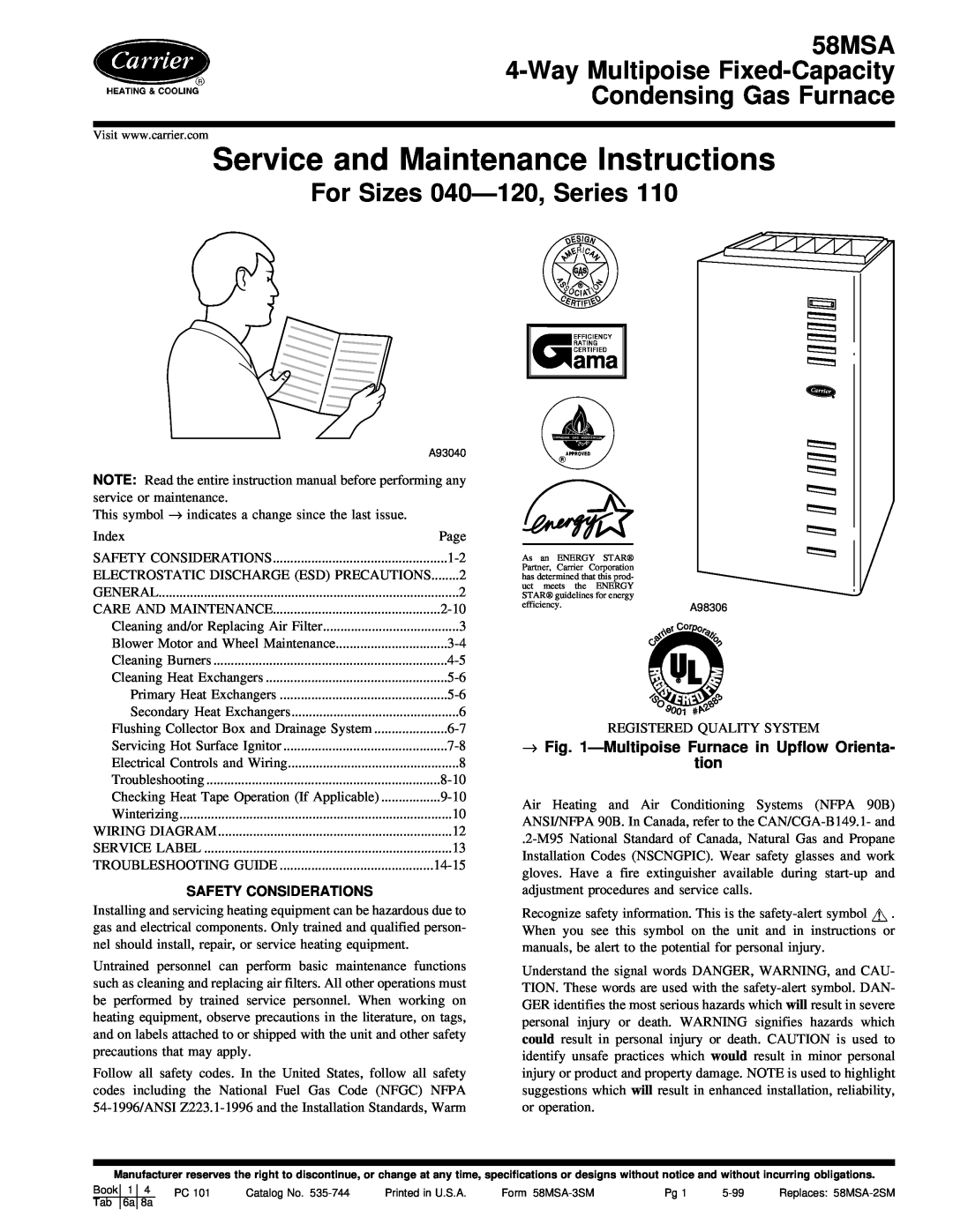 Carrier 58MSA instruction manual Service and Maintenance Instructions, For Sizes 040Ð120, Series, Safety Considerations 