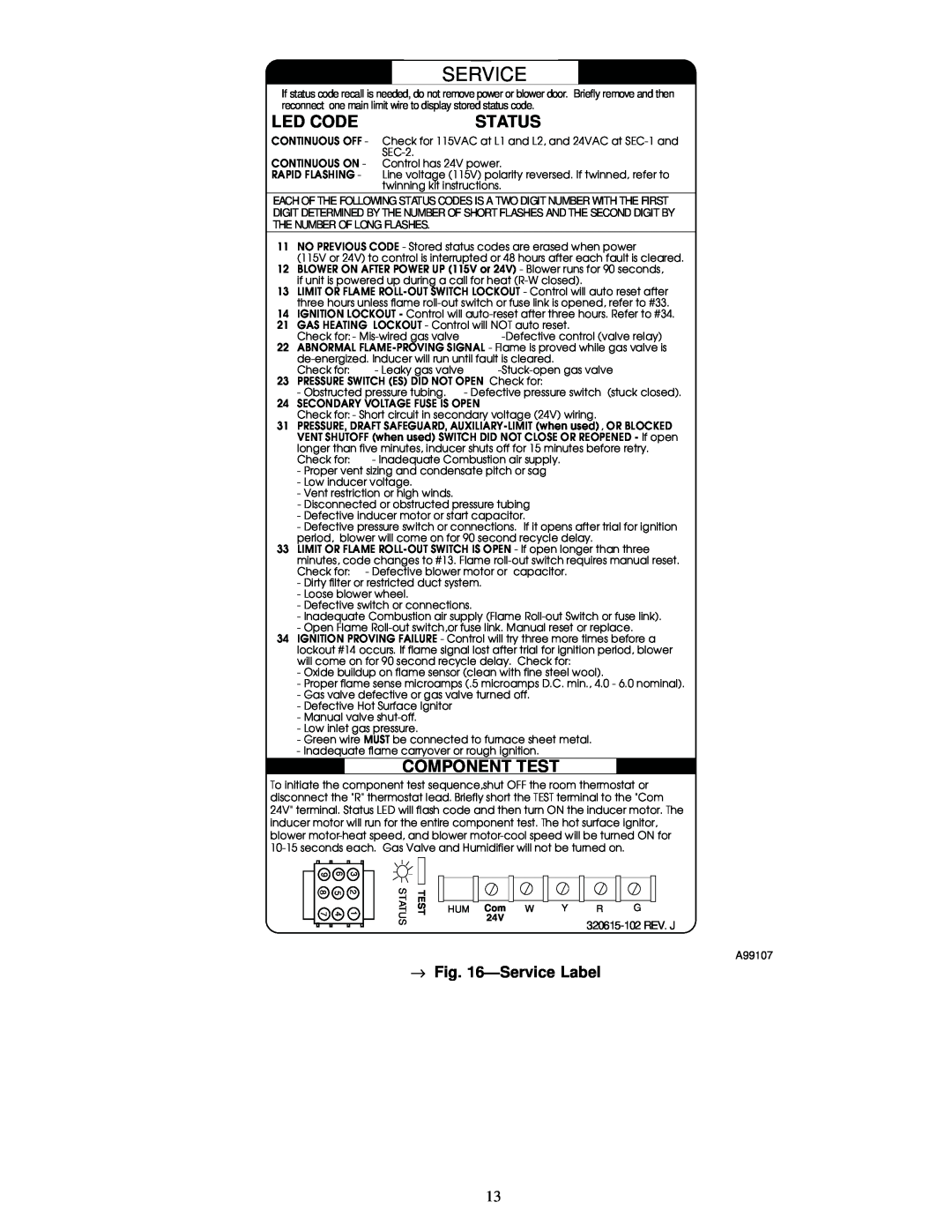 Carrier 58MSA instruction manual Led Code, Status, Component Test, ÐService Label 