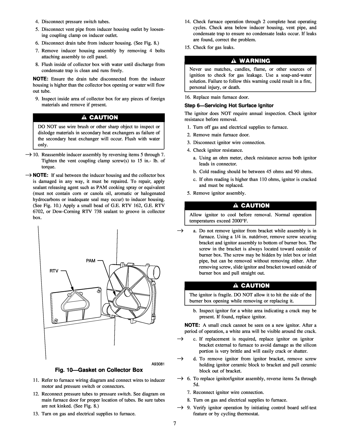 Carrier 58MSA instruction manual ÐGasket on Collector Box, ÐServicing Hot Surface Ignitor 