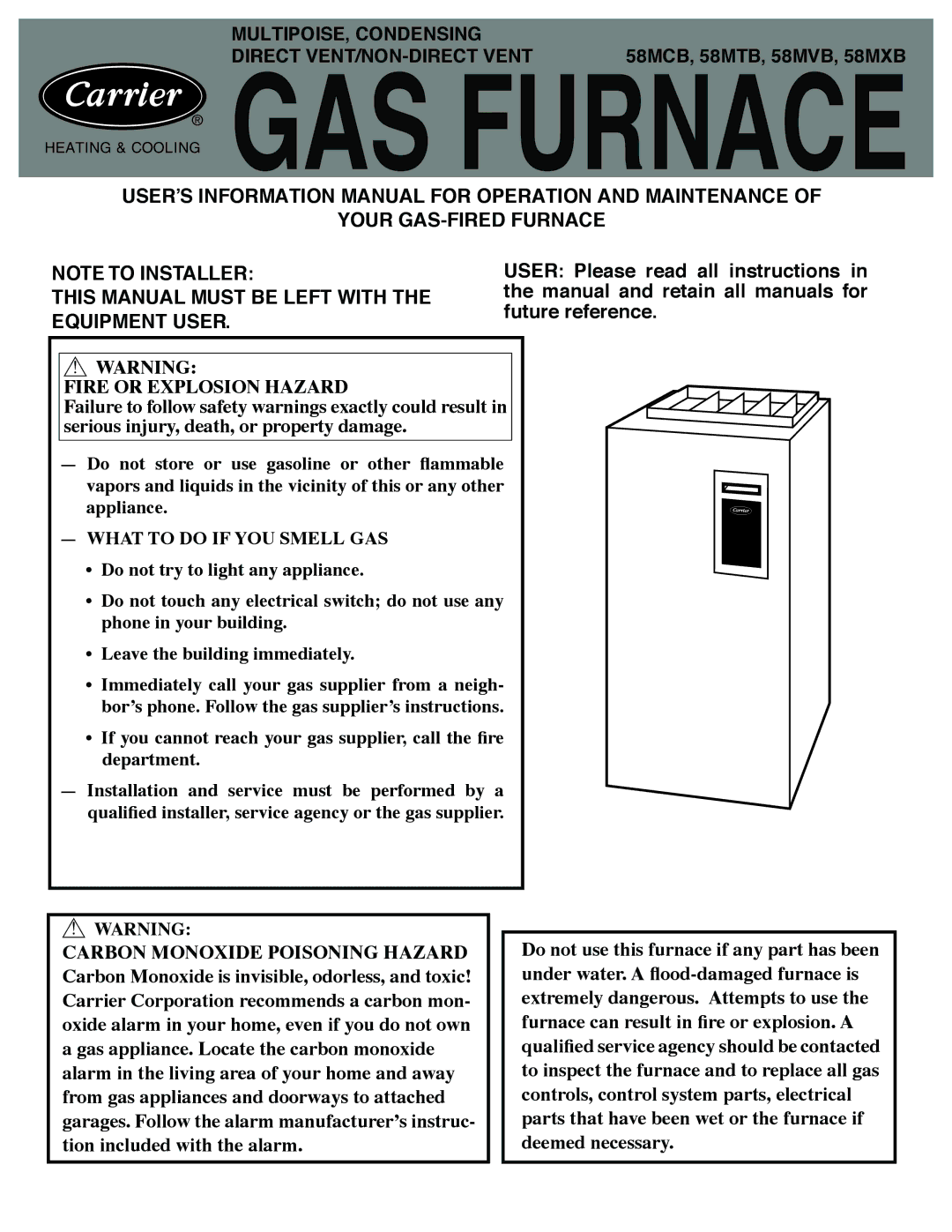 Carrier manual MULTIPOISE, Condensing Direct VENT/NON-DIRECT Vent, 58MCB, 58MTB, 58MVB, 58MXB 