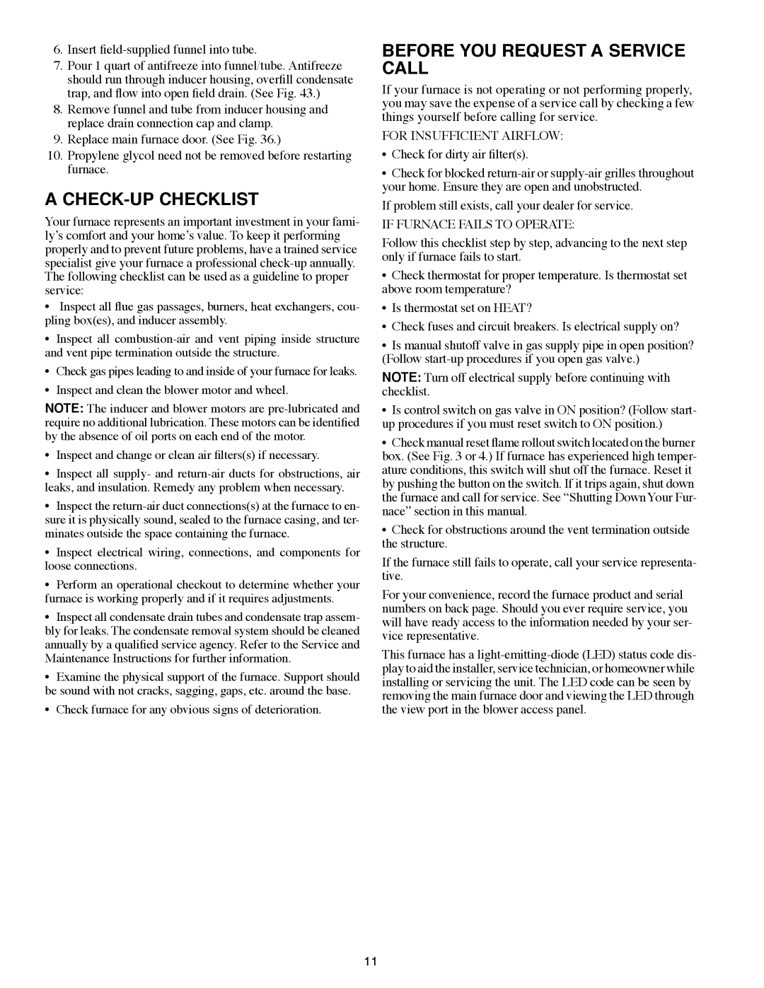 Carrier 58MCB CHECK-UP Checklist, Before YOU Request a Service Call, For Insufficient Airflow, If Furnace Fails to Operate 