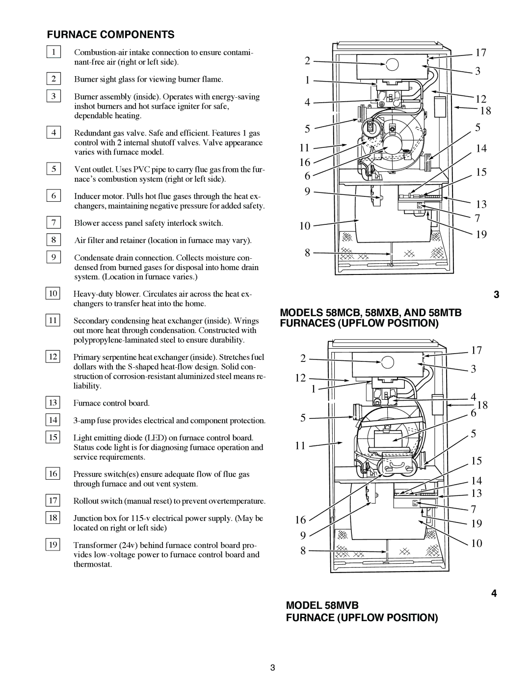 Carrier 58MVB manual Furnace Components, Models 58MCB, 58MXB, and 58MTB Furnaces Upflow Position 