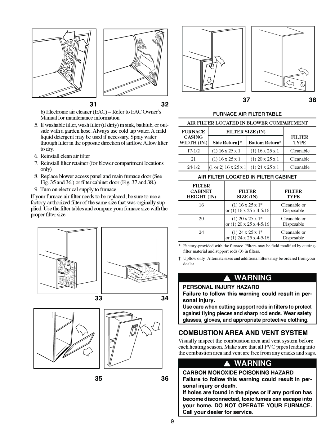 Carrier 58MTB, 58MVB, 58MCB manual Combustion Area and Vent System, Personal Injury Hazard 