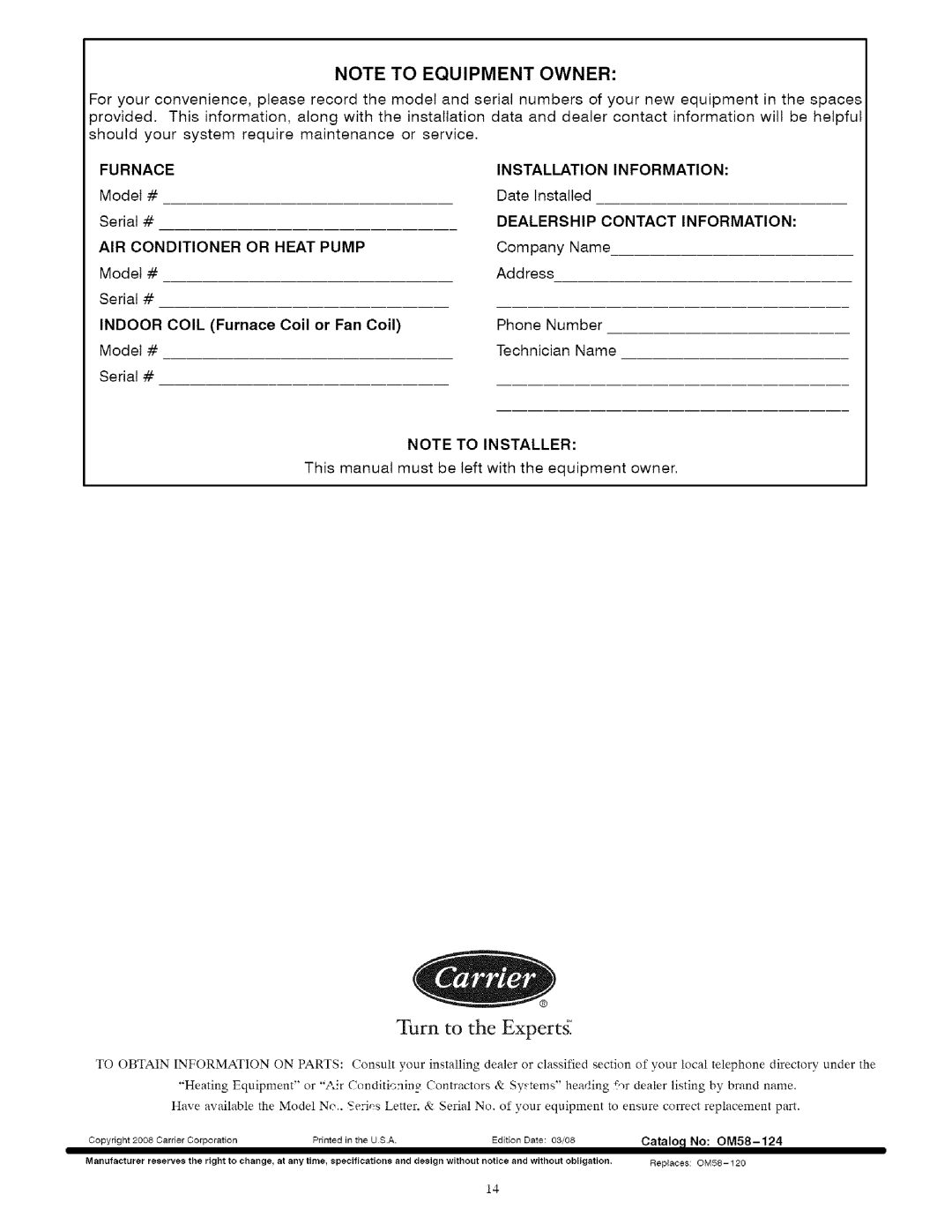 Carrier 58MVC owner manual Turn to the Expertg 