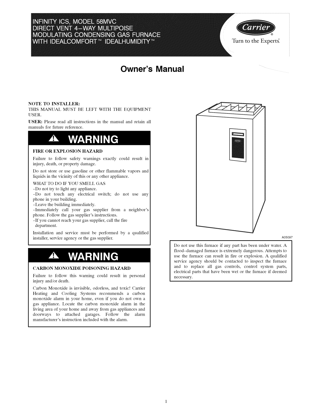 Carrier 58MVC owner manual This Manual Must be Left with the Equipment User, Fire or Explosion Hazard 