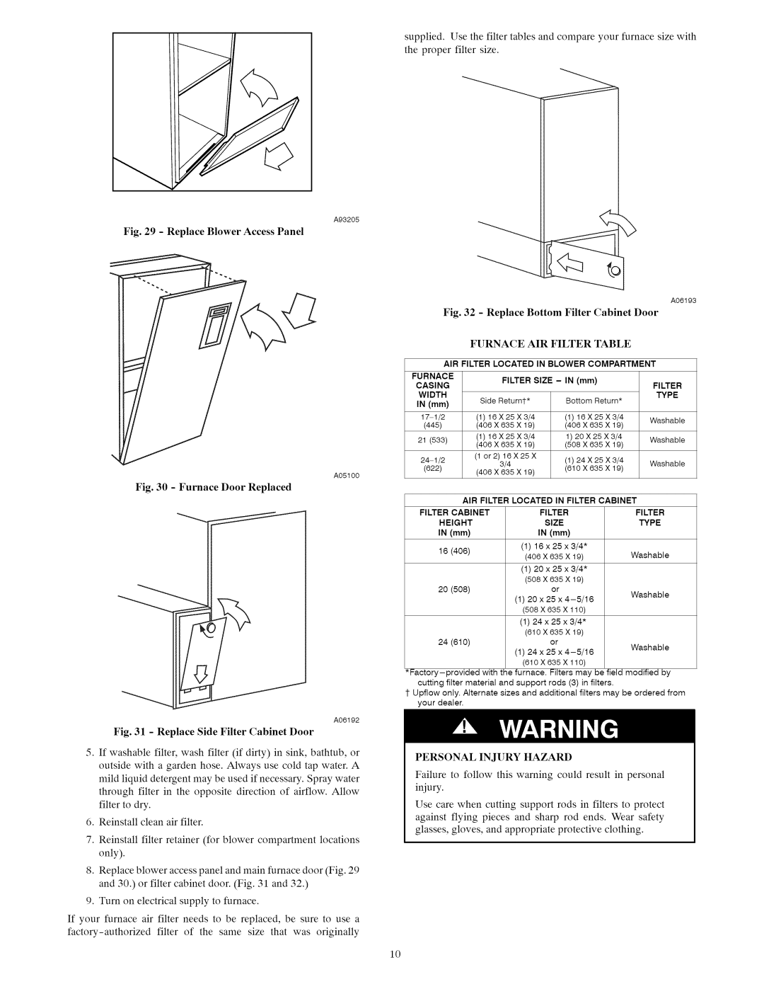 Carrier 58MVC owner manual Furnace AIR Filter, Personal Injury Hazard 