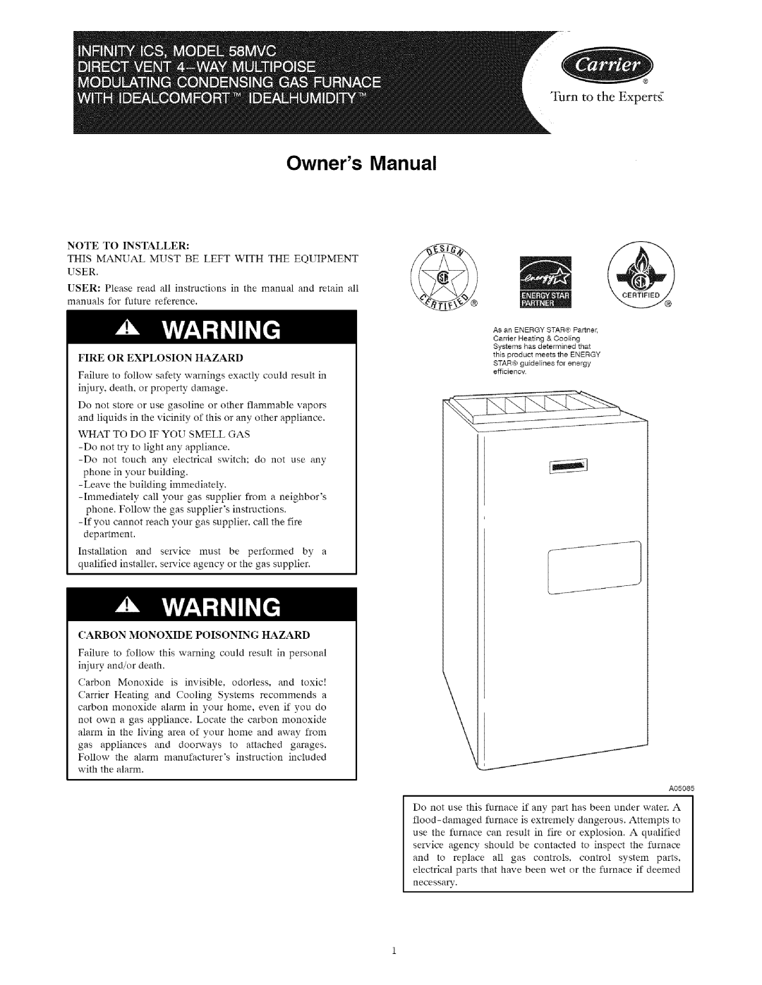 Carrier 58MVC owner manual Turn to the Expertg, Note To Installer 