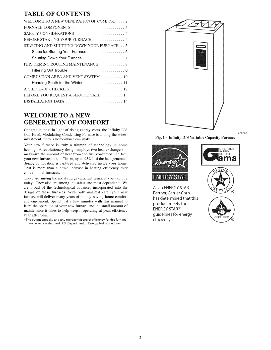 Carrier 58MVC owner manual Contents, Welcome To A New Generation Of Comfort, Infinity ICS Variable Capacity Furnace 