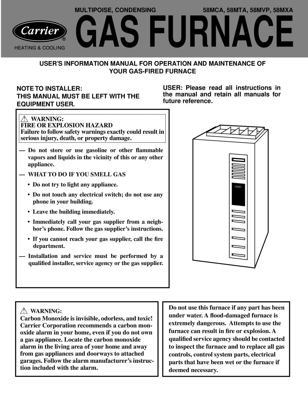 Carrier manual MULTIPOISE, Condensing, 58MCA, 58MTA, 58MVP, 58MXA 