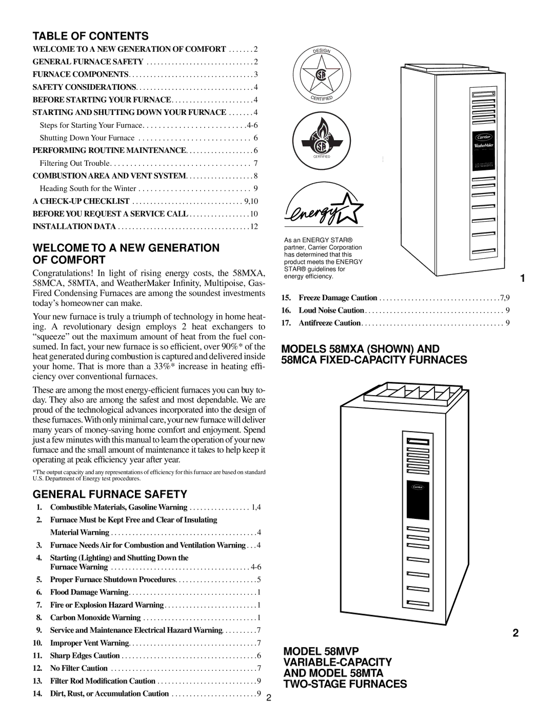 Carrier 58MXA, 58MVP, 58MTA, 58MCA manual Table of Contents, Welcome to a NEW Generation of Comfort, General Furnace Safety 