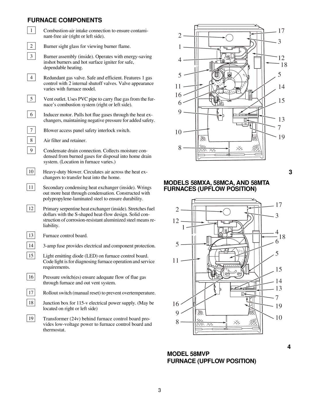 Carrier 58MVP manual Furnace Components, Models 58MXA, 58MCA, and 58MTA Furnaces Upflow Position 