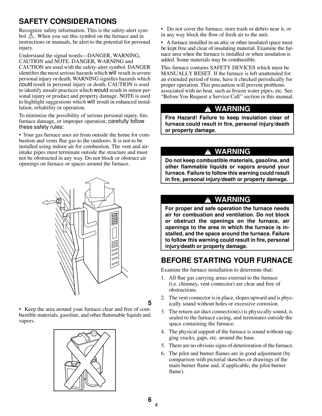 Carrier 58MVP, 58MTA, 58MXA, 58MCA manual Safety Considerations, Before Starting Your Furnace 