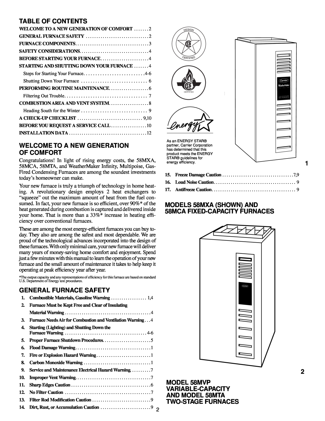 Carrier 58MXA Table Of Contents, Welcome To A New Generation Of Comfort, General Furnace Safety, ed art, Two-Stagefurnaces 