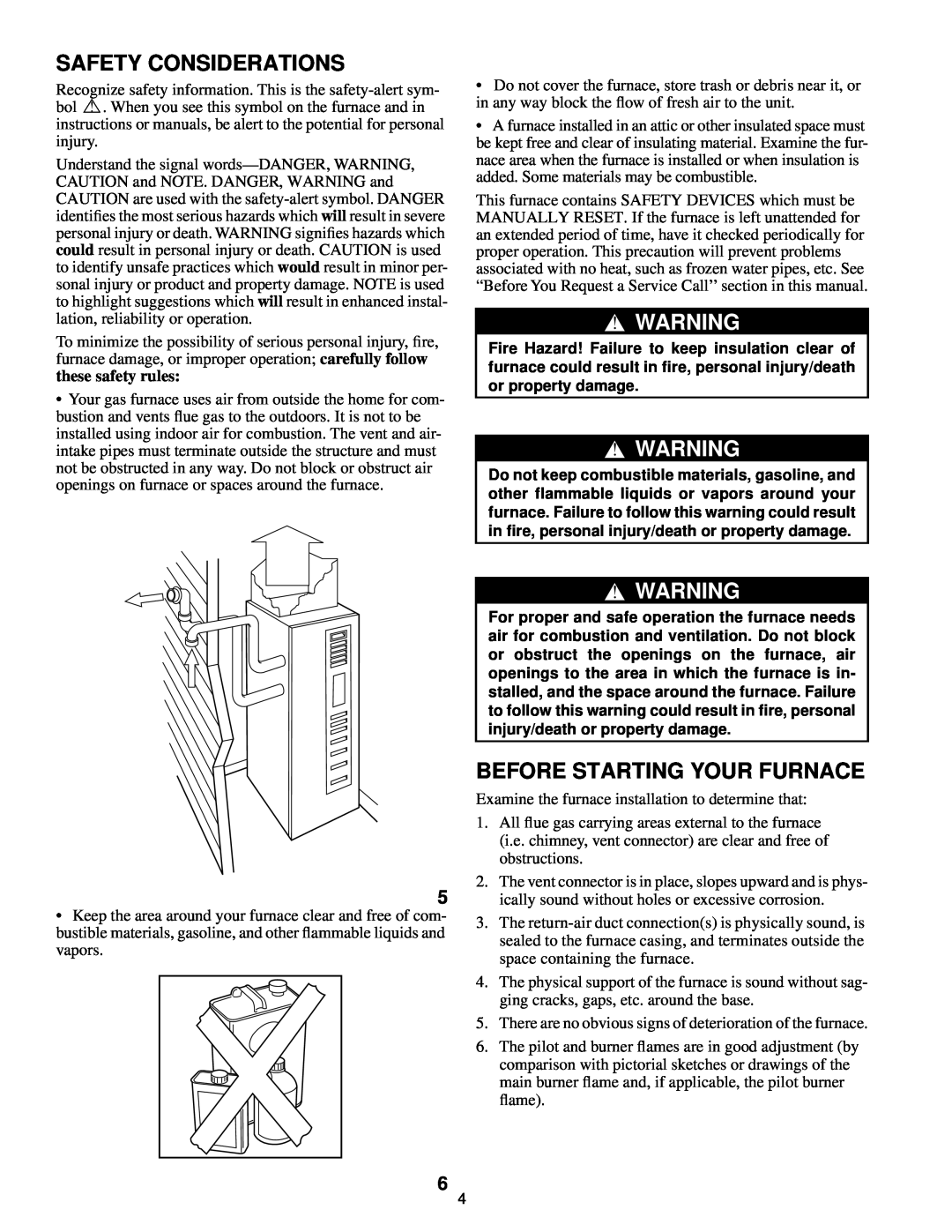 Carrier 58MVP, 58MTA, 58MXA, 58MCA manual Safety Considerations, Before Starting Your Furnace, these safety rules 