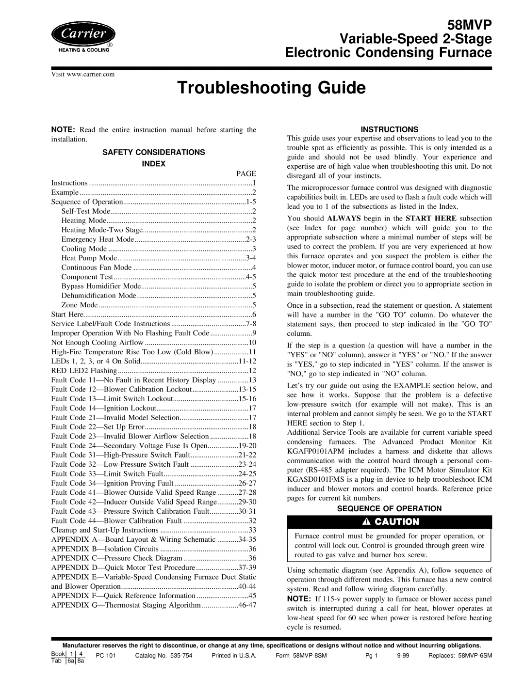 Carrier 58MVP instruction manual Troubleshooting Guide 