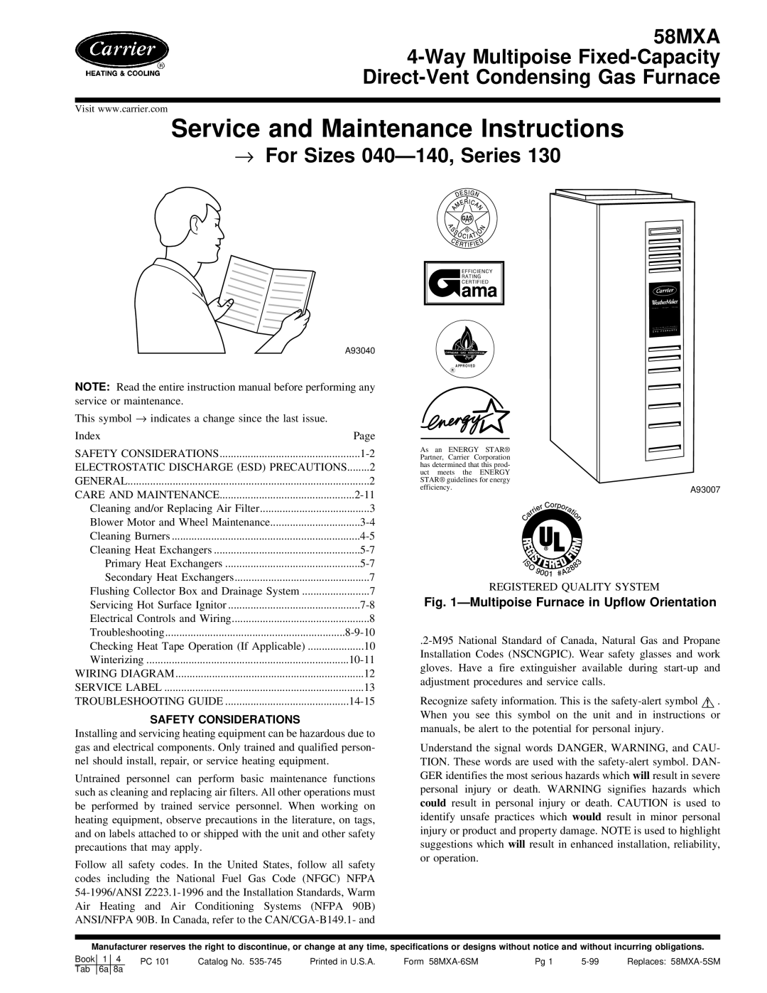 Carrier 58MXA instruction manual Service and Maintenance Instructions 