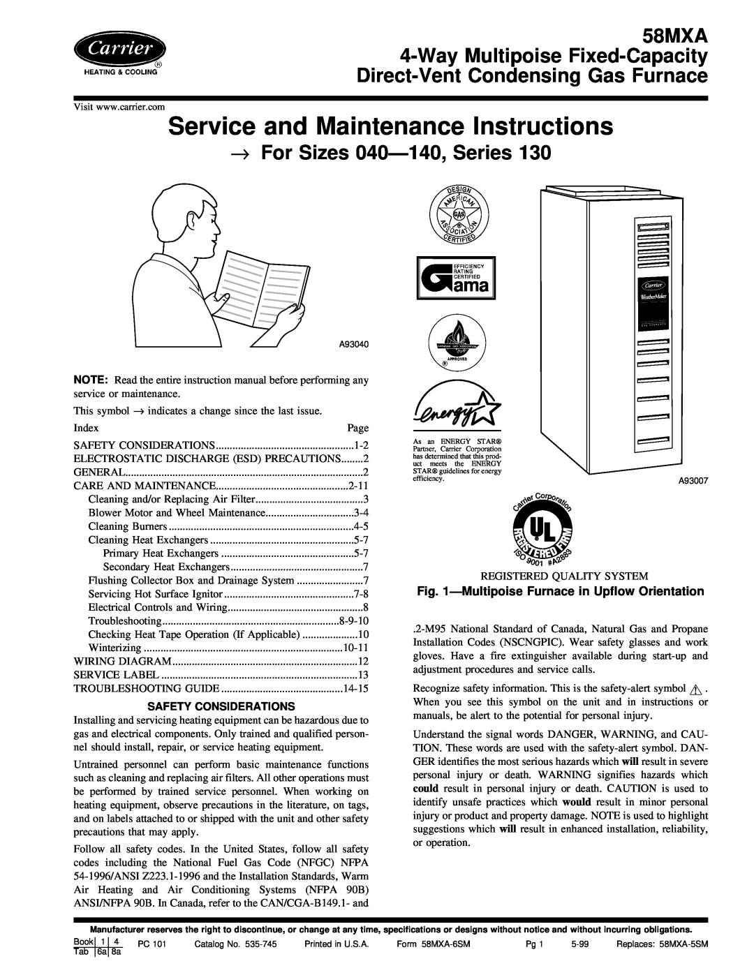 Carrier 58MXA instruction manual Service and Maintenance Instructions, →For Sizes 040Ð140, Series, Safety Considerations 