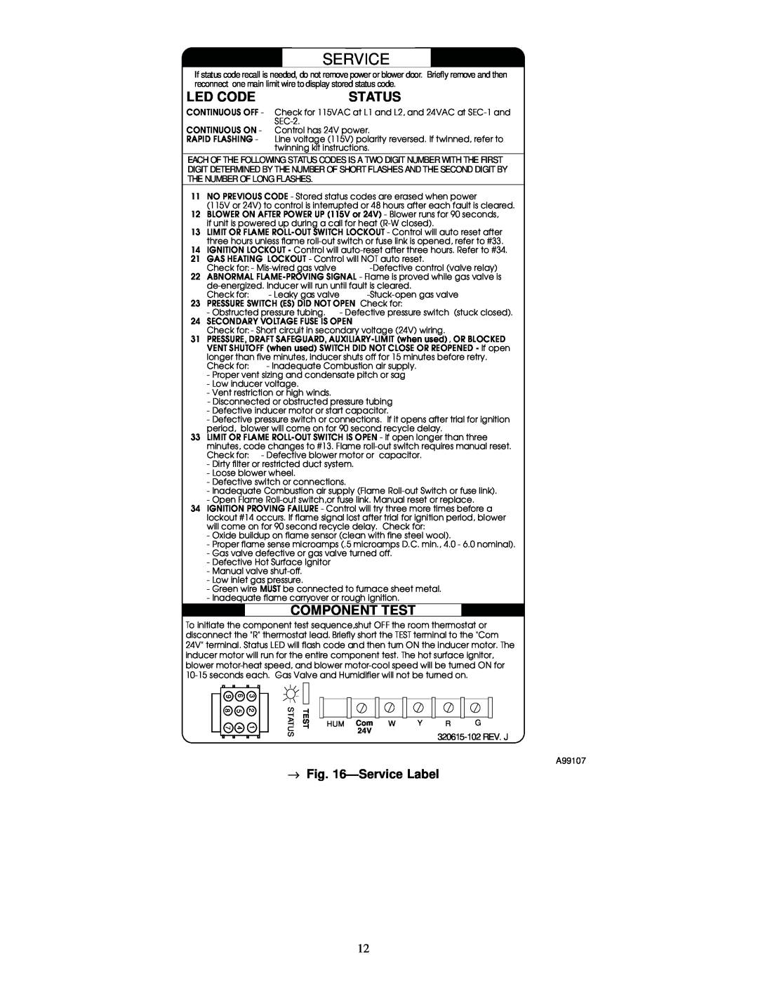 Carrier 58MXA instruction manual Led Code, Status, Component Test, ÐService Label 