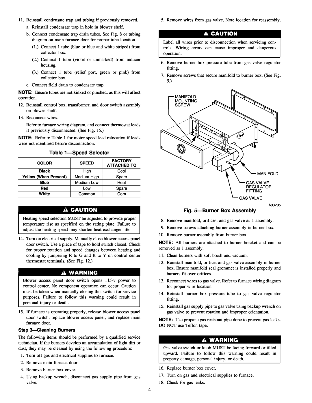 Carrier 58MXA instruction manual ÐSpeed Selector, ÐBurner Box Assembly, ÐCleaning Burners 