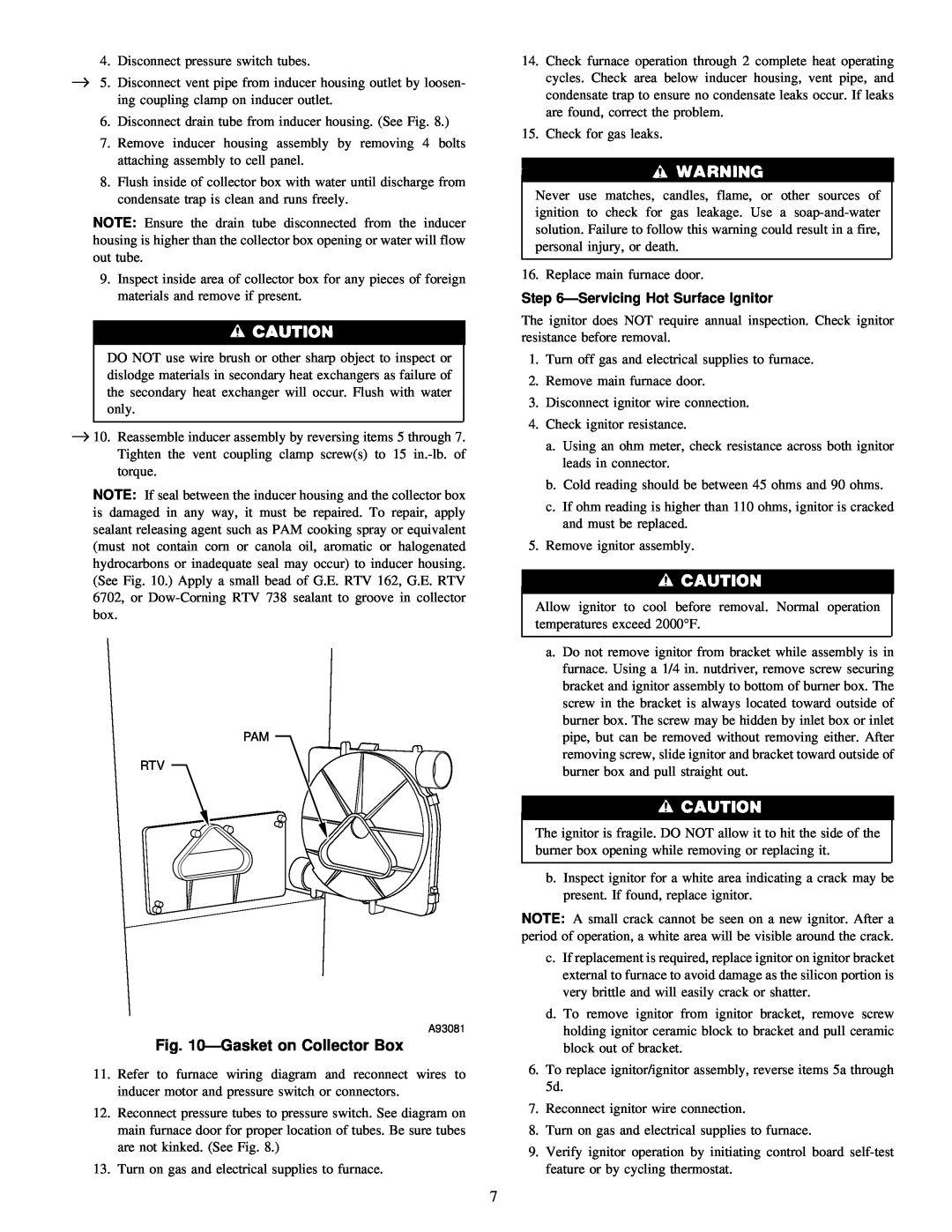 Carrier 58MXA instruction manual ÐGasket on Collector Box, ÐServicing Hot Surface Ignitor 