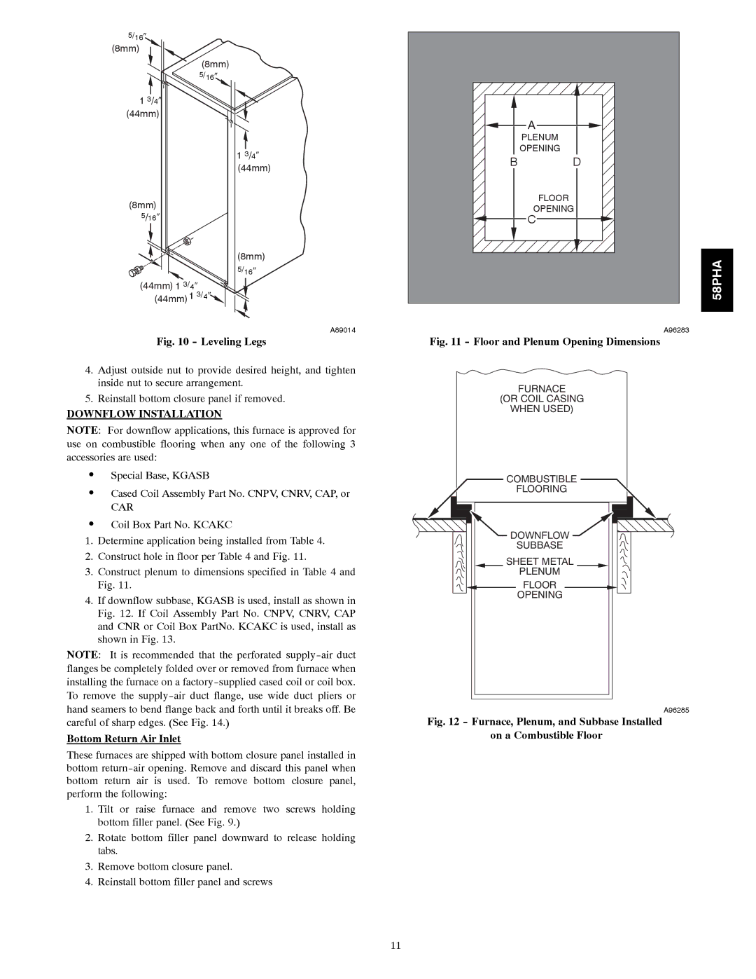 Carrier 58PHA/PHX instruction manual Leveling Legs, Downflow Installation 