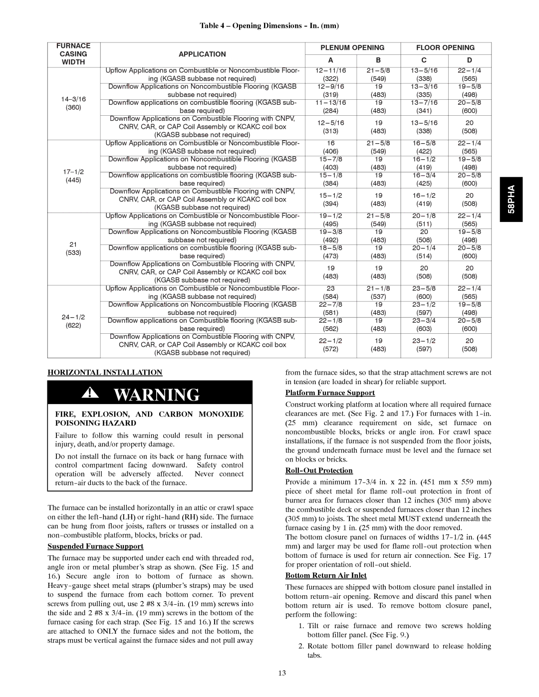 Carrier 58PHA/PHX Opening Dimensions In. mm, Suspended Furnace Support, Platform Furnace Support, Roll-Out Protection 