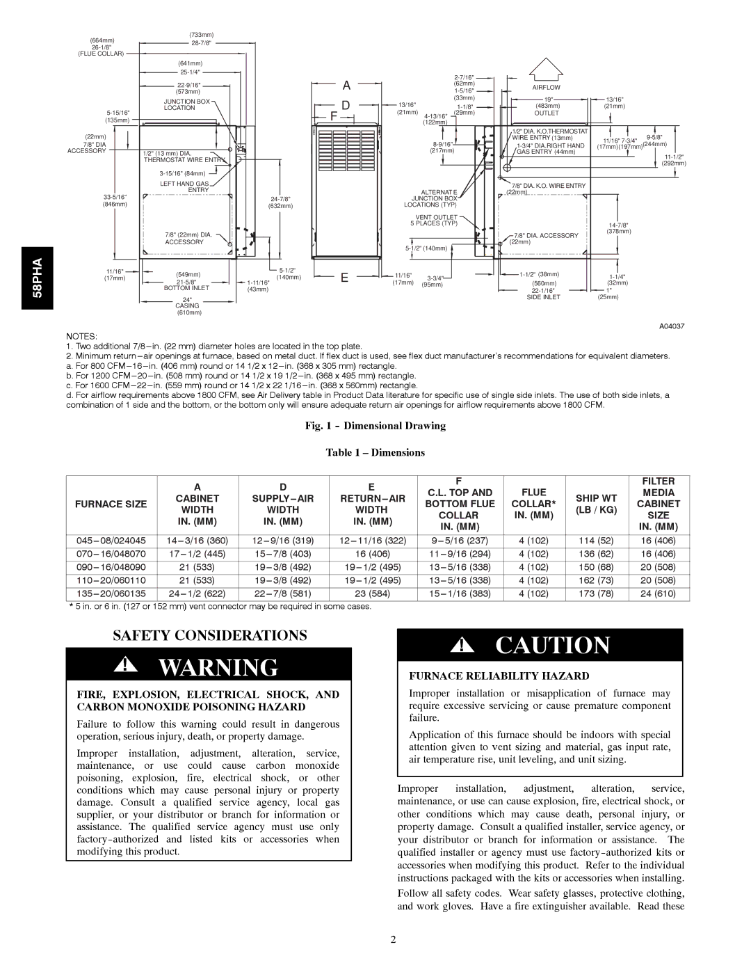 Carrier 58PHA/PHX instruction manual Safety Considerations, Furnace Reliability Hazard 