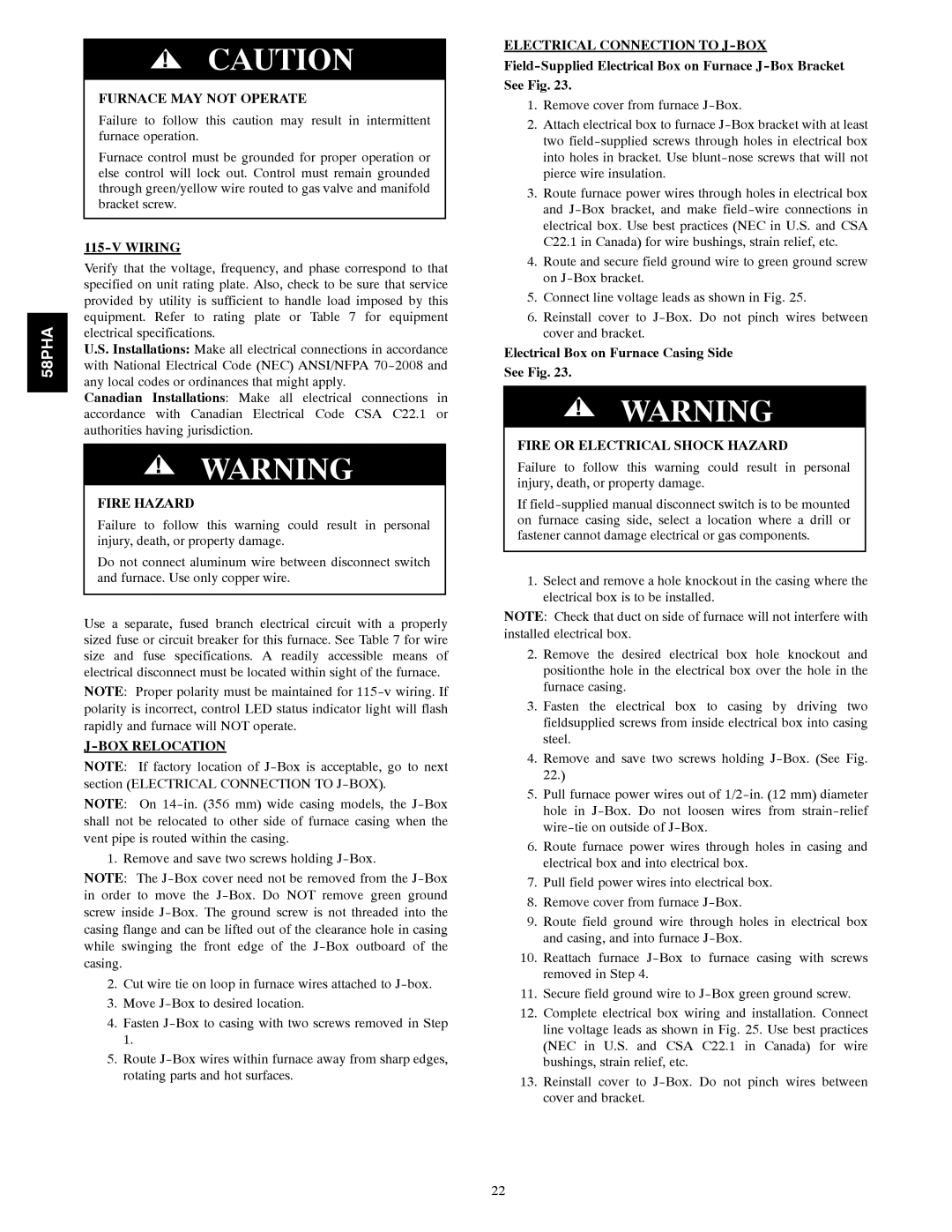 Carrier 58PHA/PHX instruction manual Furnace MAY not Operate, Wiring, BOX Relocation, Electrical Connection to J-BOX 