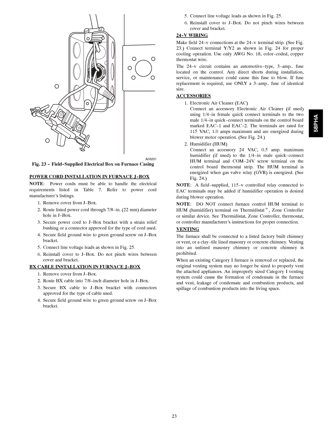 Carrier 58PHA/PHX Power Cord Installation in Furnace J-BOX, BX Cable Installation in Furnace J-BOX, Accessories, Venting 