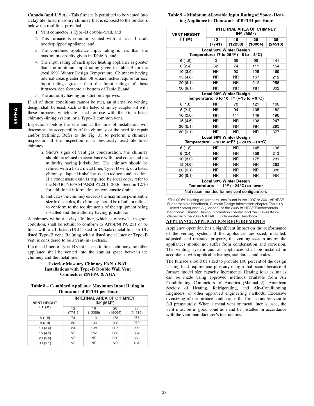 Carrier 58PHA/PHX instruction manual Appliance Application Requirements, Internal Area of Chimney 