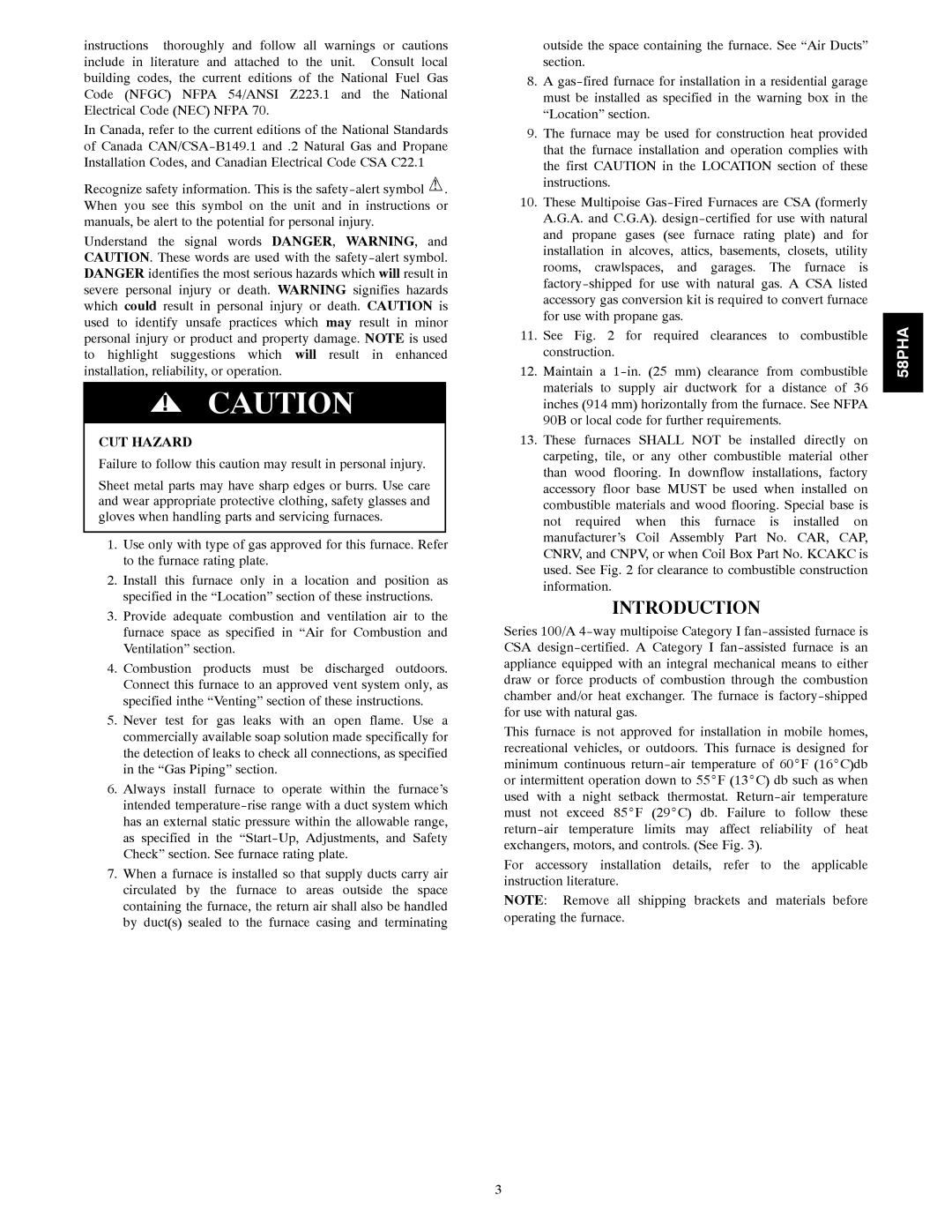 Carrier 58PHA/PHX instruction manual Introduction, CUT Hazard 