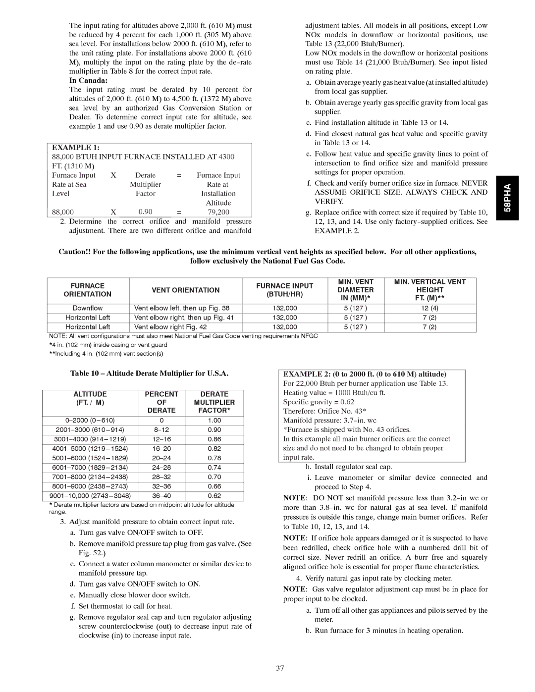 Carrier 58PHA/PHX Canada, Follow exclusively the National Fuel Gas Code, Altitude Derate Multiplier for U.S.A 