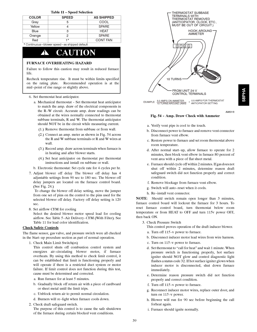 Carrier 58PHA/PHX instruction manual Speed Selection, Furnace Overheating Hazard, Check Safety Controls 